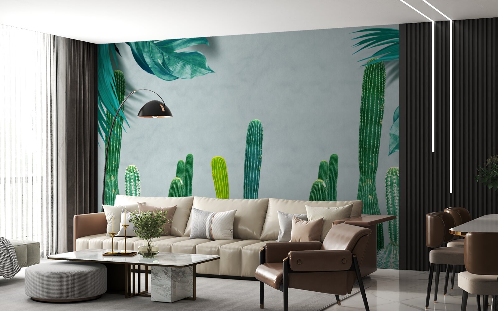 Carta da parati Le palme tropicali sono decorate con cactus verdi.