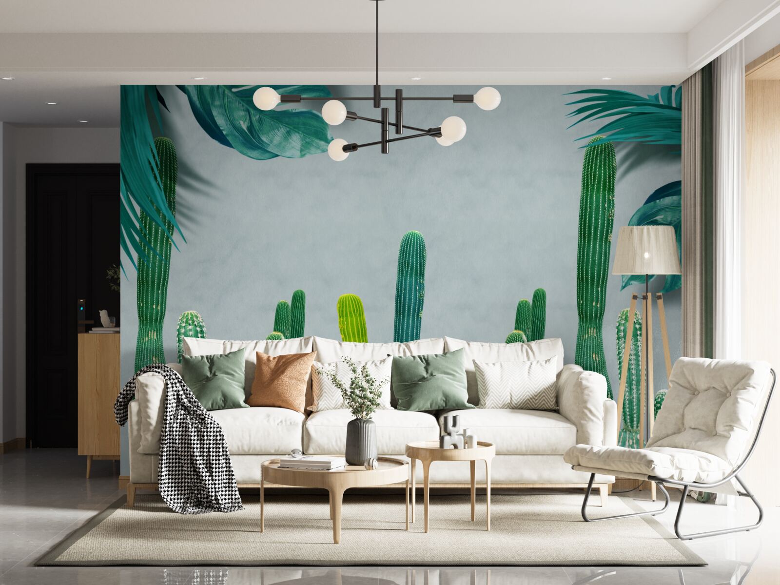 Carta da parati Le palme tropicali sono decorate con cactus verdi.