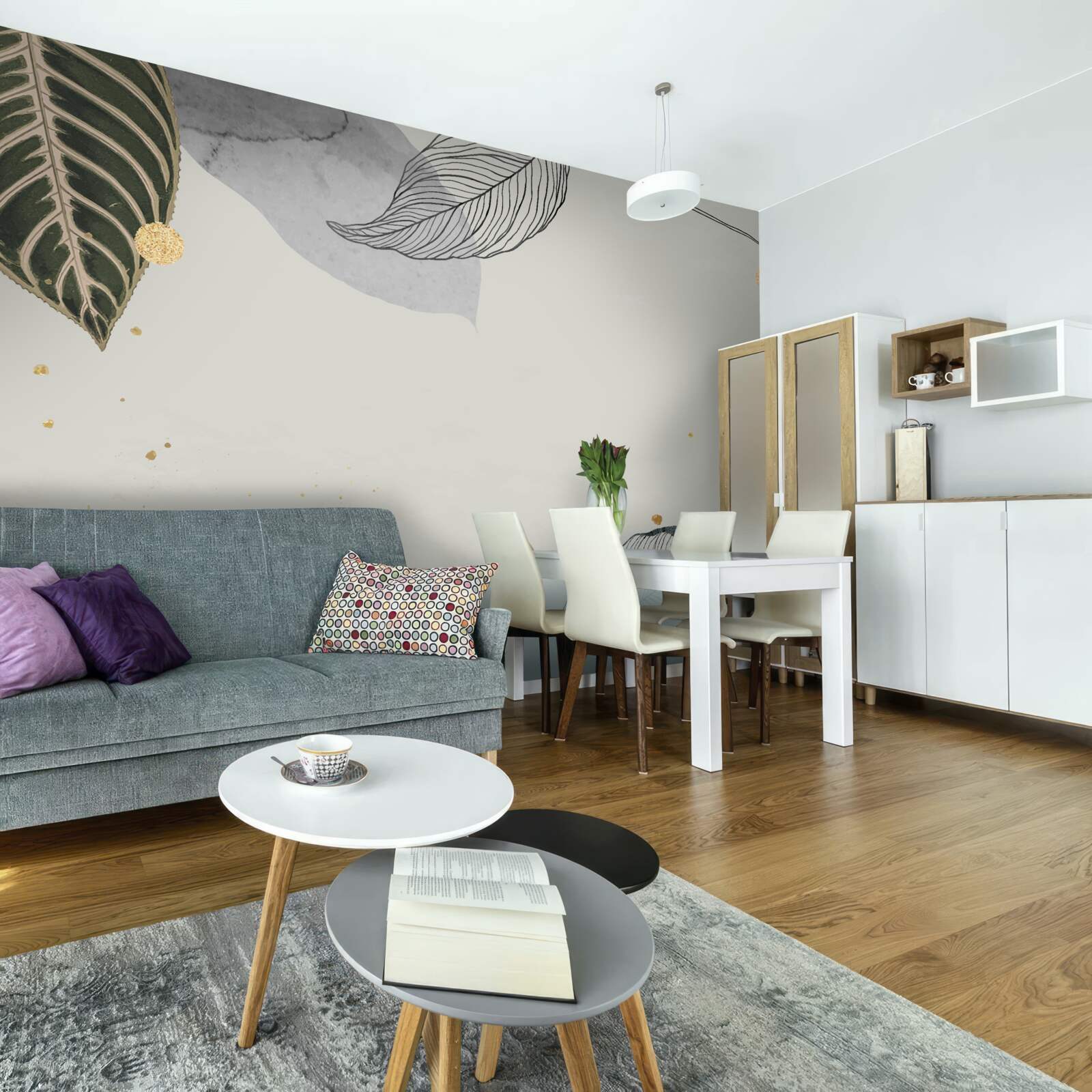 Carta da parati grandi foglie tropicali su sfondo grigio