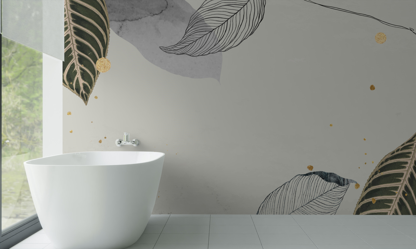 Carta da parati grandi foglie tropicali su sfondo grigio