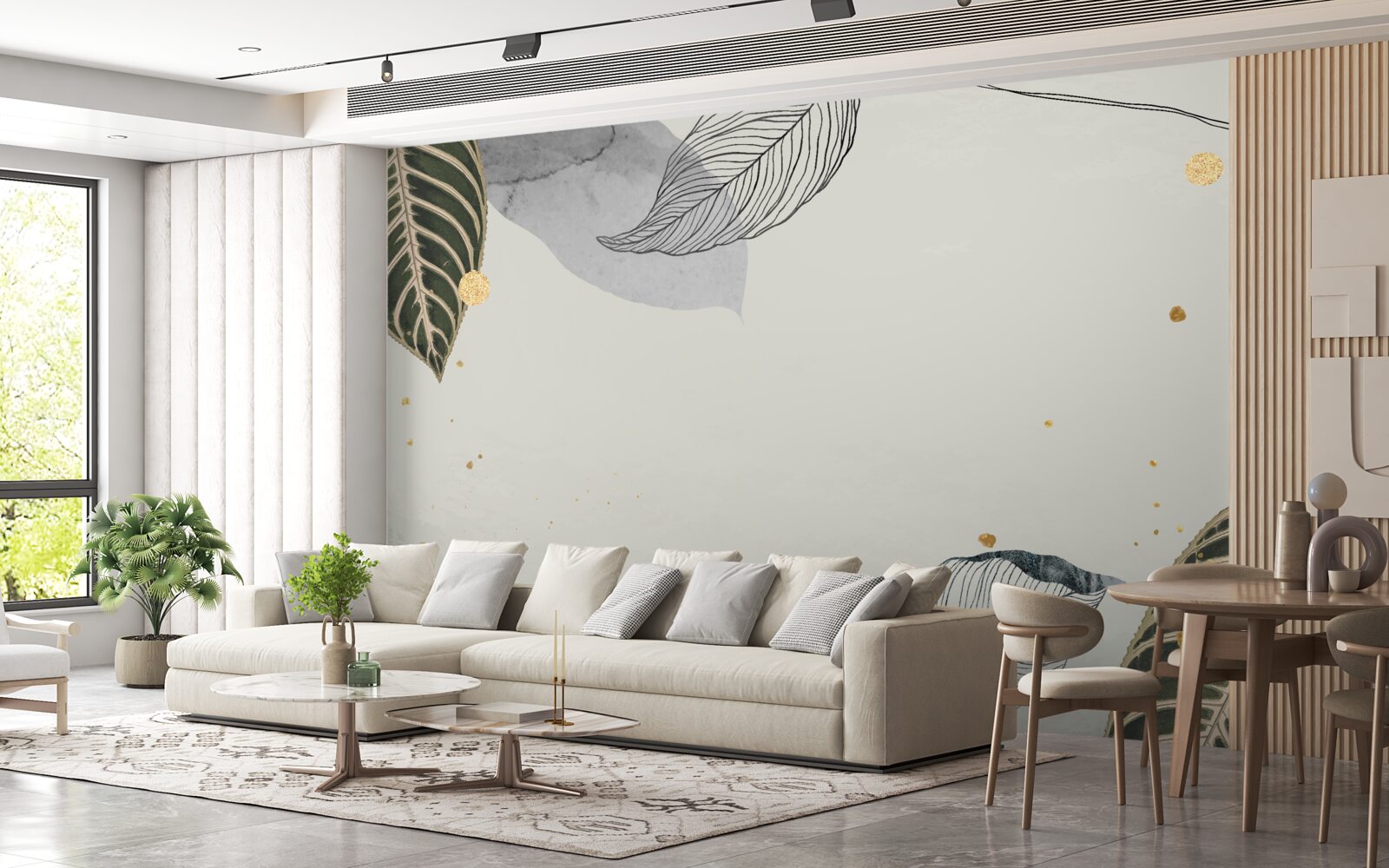 Carta da parati grandi foglie tropicali su sfondo grigio