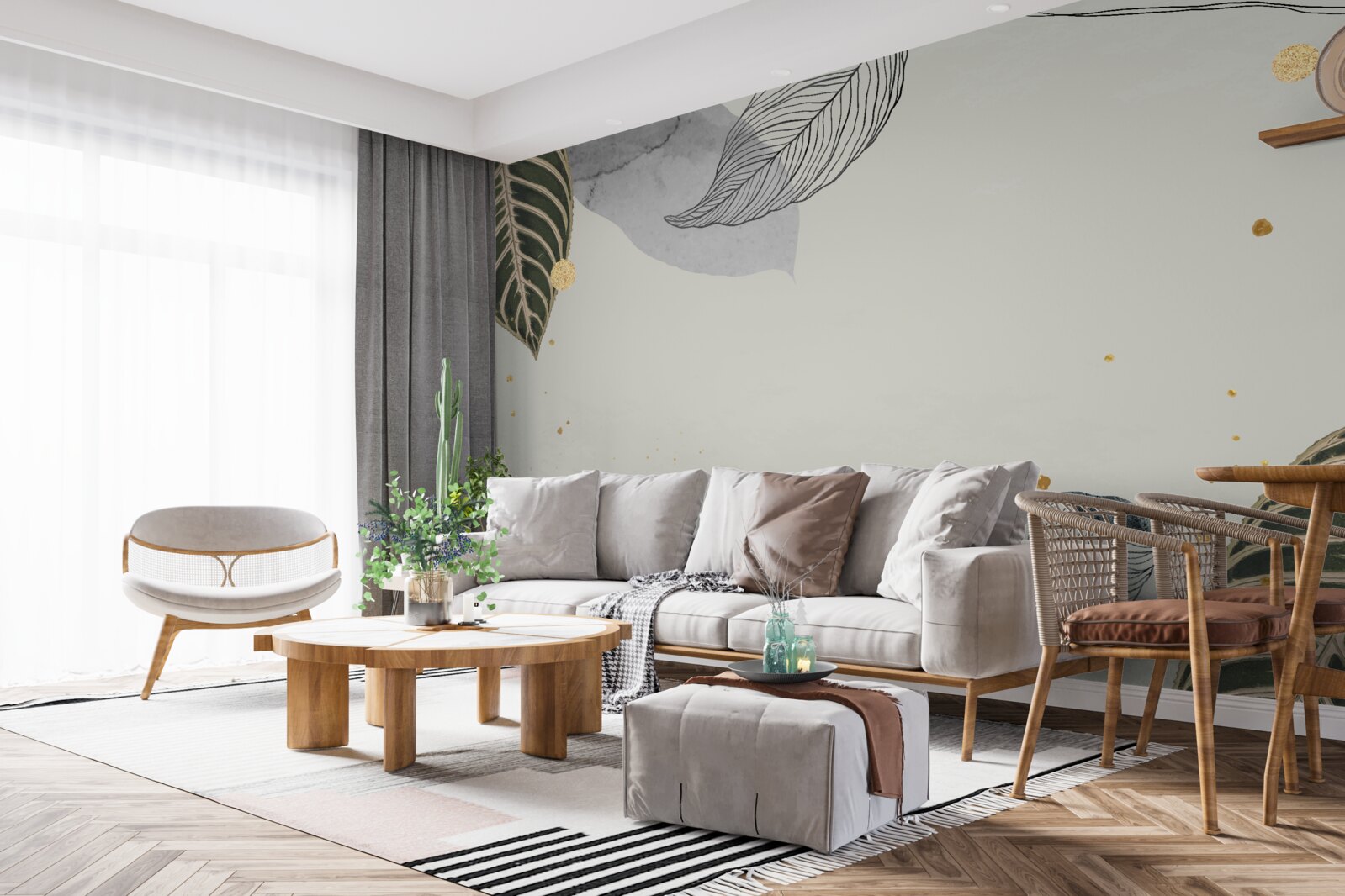 Carta da parati grandi foglie tropicali su sfondo grigio