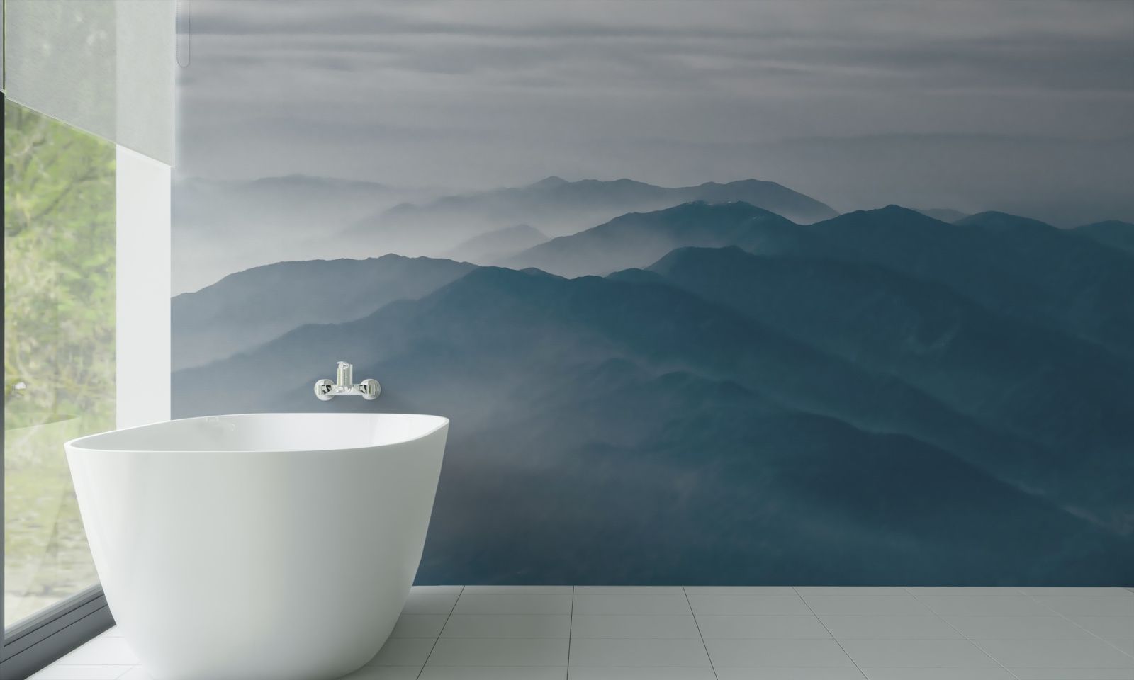 Carta da parati la nebbia mattutina avvolge le cime delle montagne