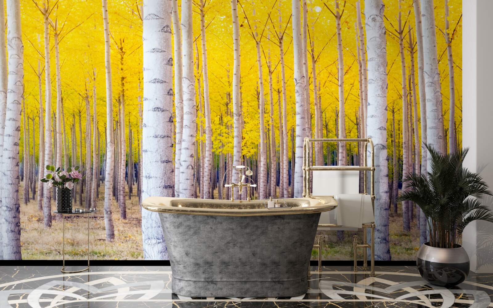 Carta da parati i colori gialli brillanti si accendono nel bosco di betulle