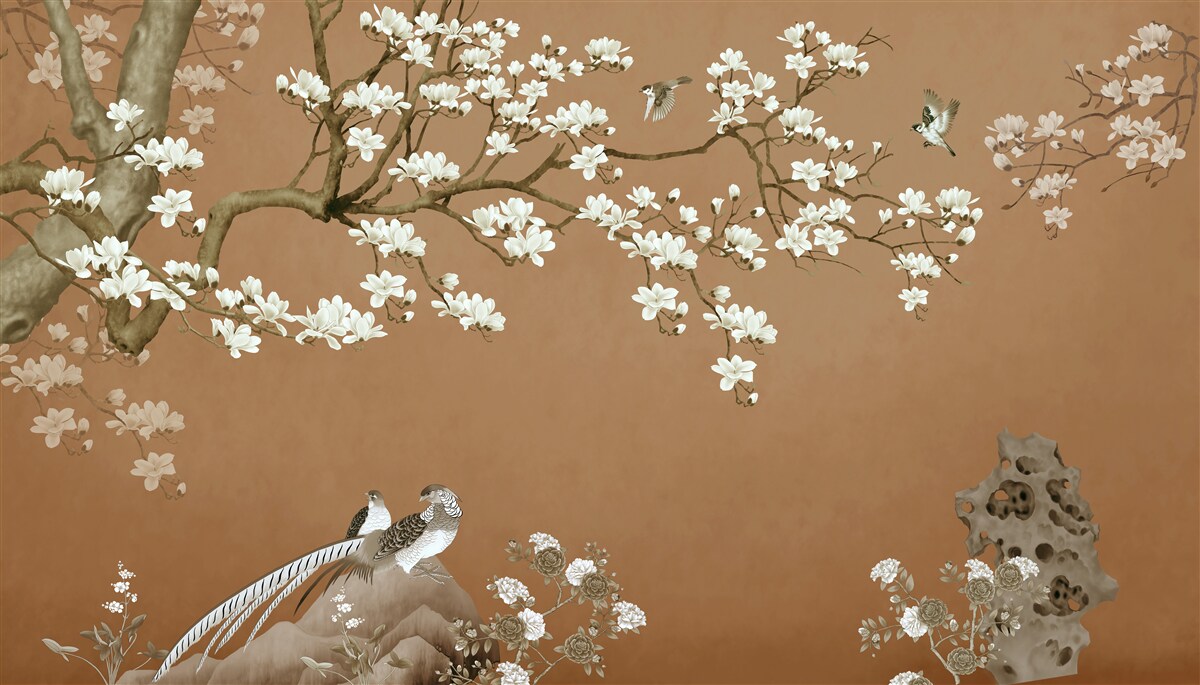 Carta da parati fiori di ciliegio e uccelli in bianco