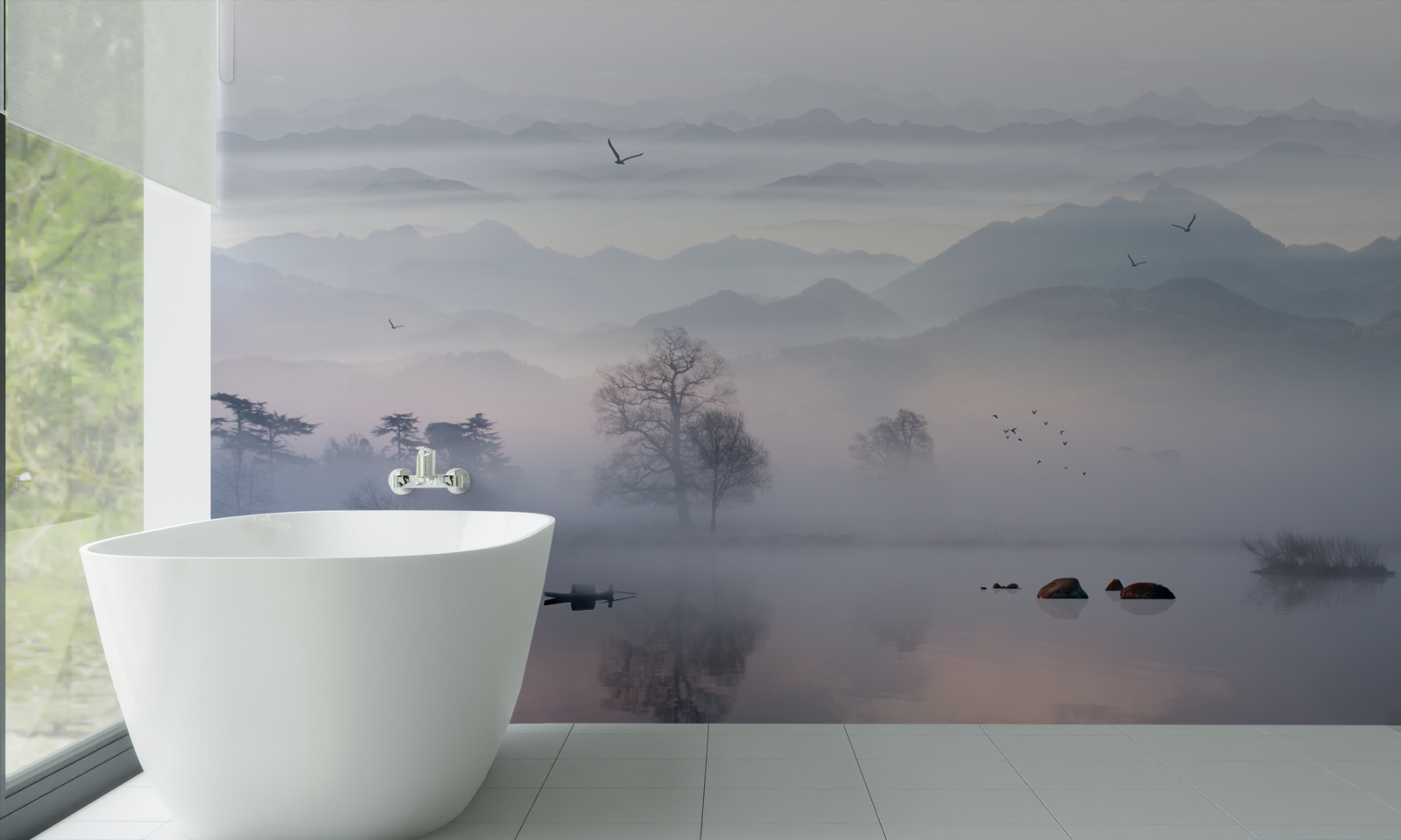 Carta da parati nebbia mattutina sull'acqua del lago