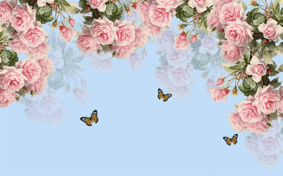 Carta da parati rose rosa su sfondo blu