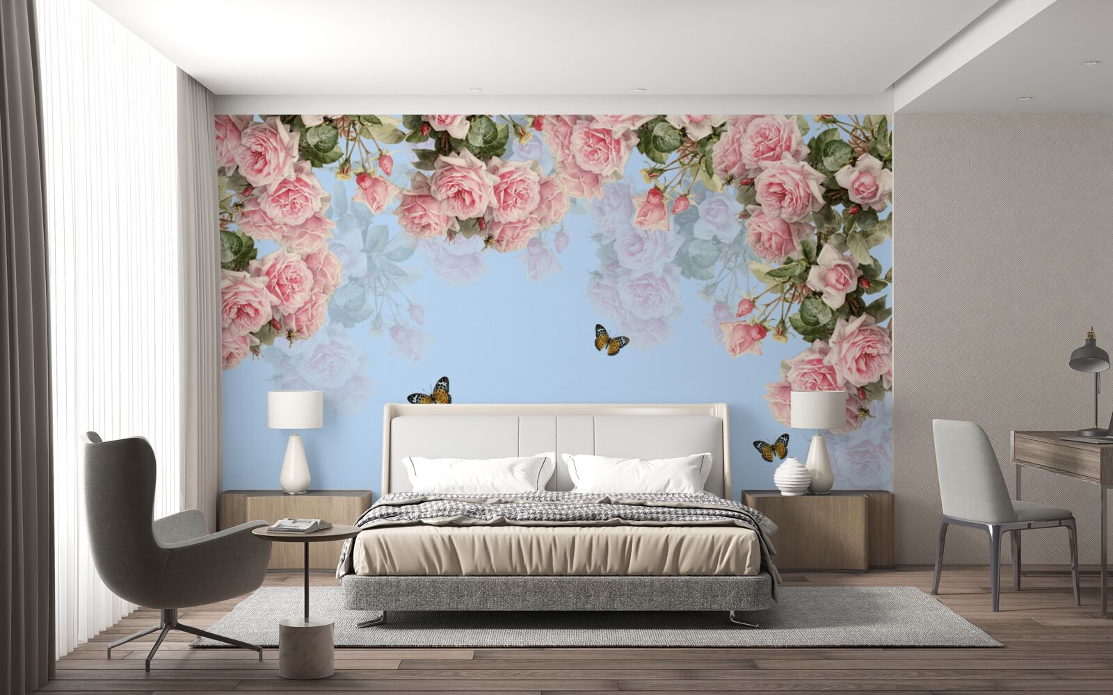 Carta da parati rose rosa su sfondo blu