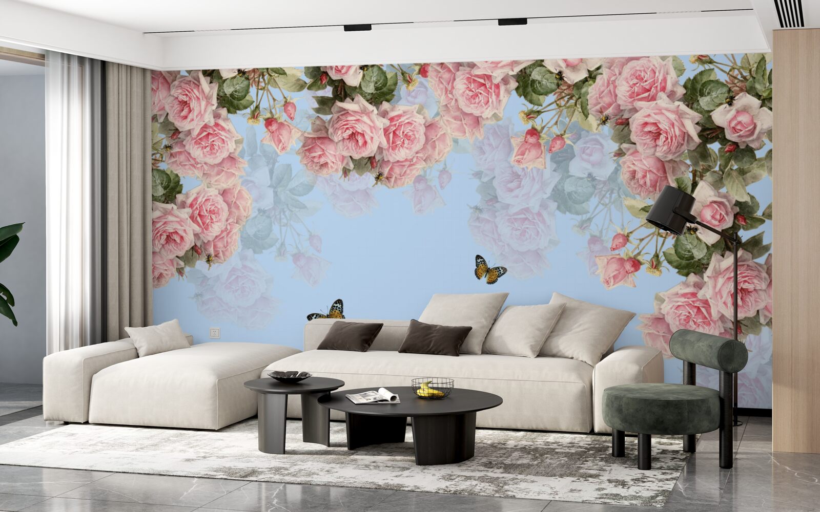 Carta da parati rose rosa su sfondo blu