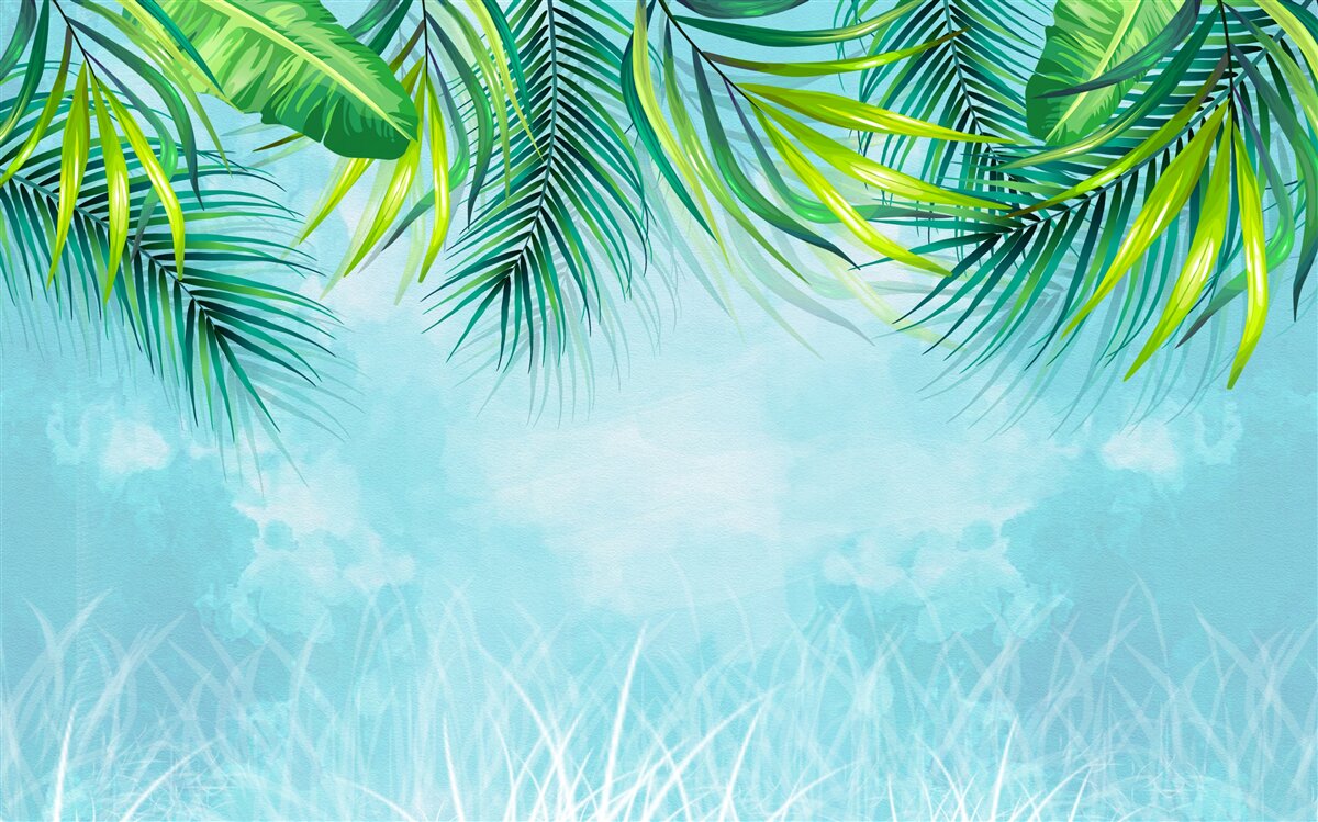 Carta da parati foglie tropicali contro un cielo blu