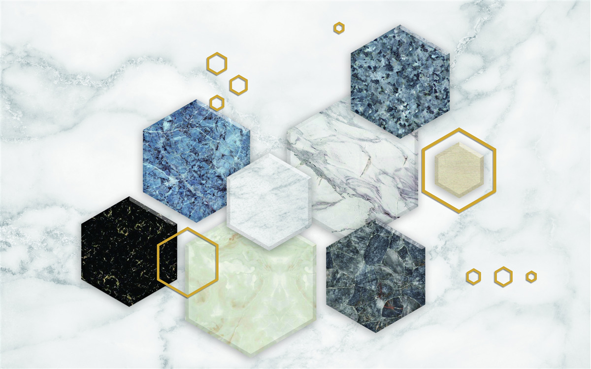 Carta da parati mosaici pentagonali su fondo di marmo bianco