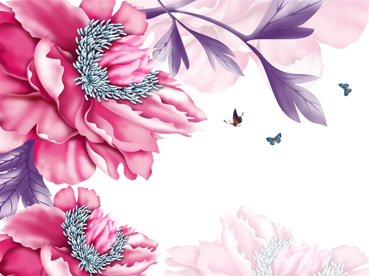 Carta da parati farfalle e fiori rosa su uno sfondo