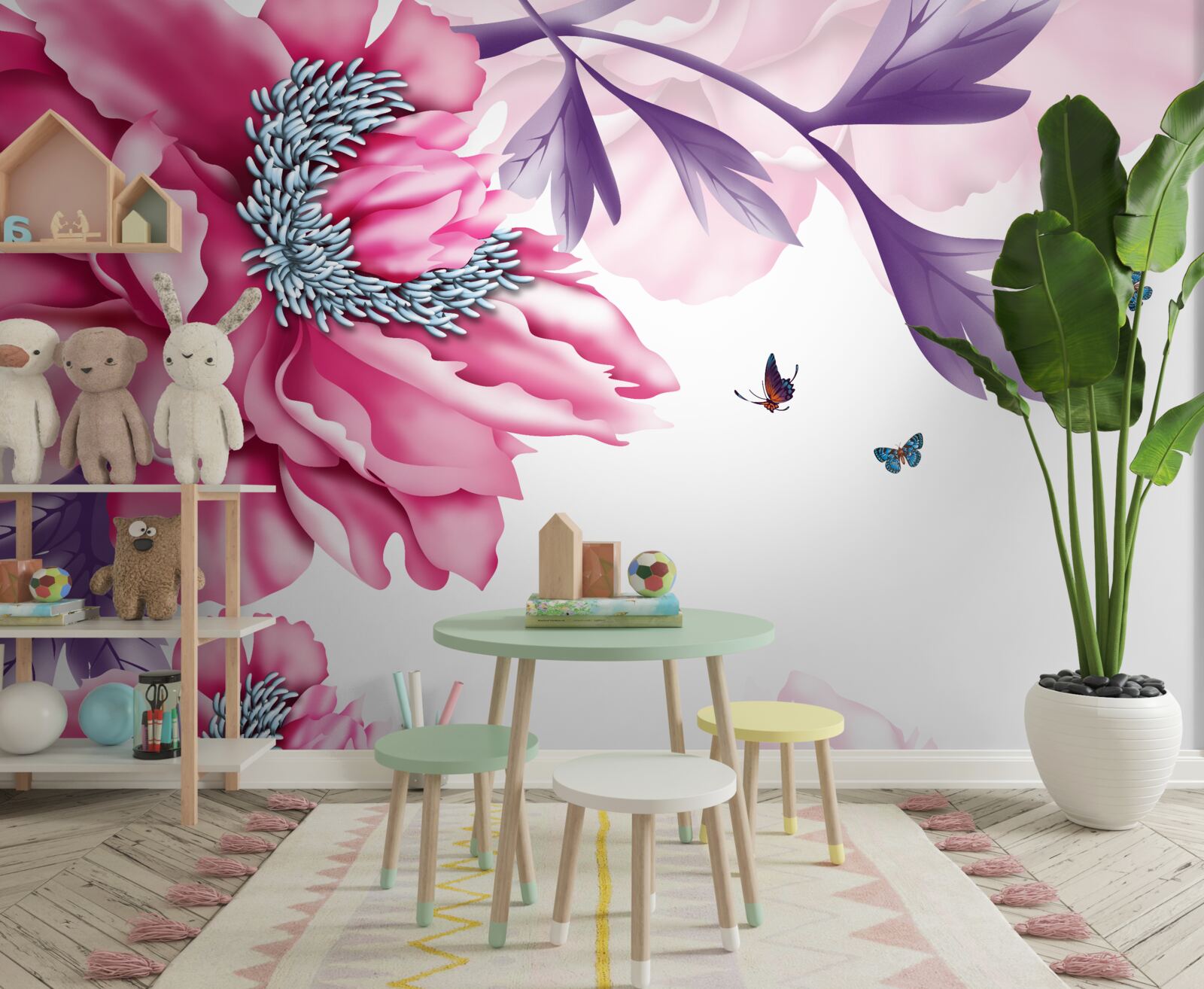 Carta da parati farfalle e fiori rosa su uno sfondo