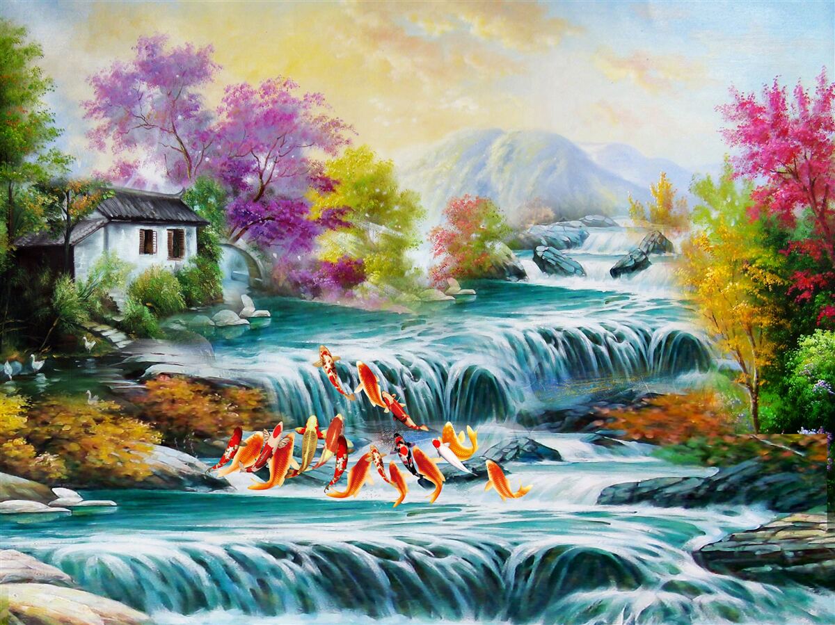 Carta da parati in autunno una cascata si fa largo tra le mura della casa