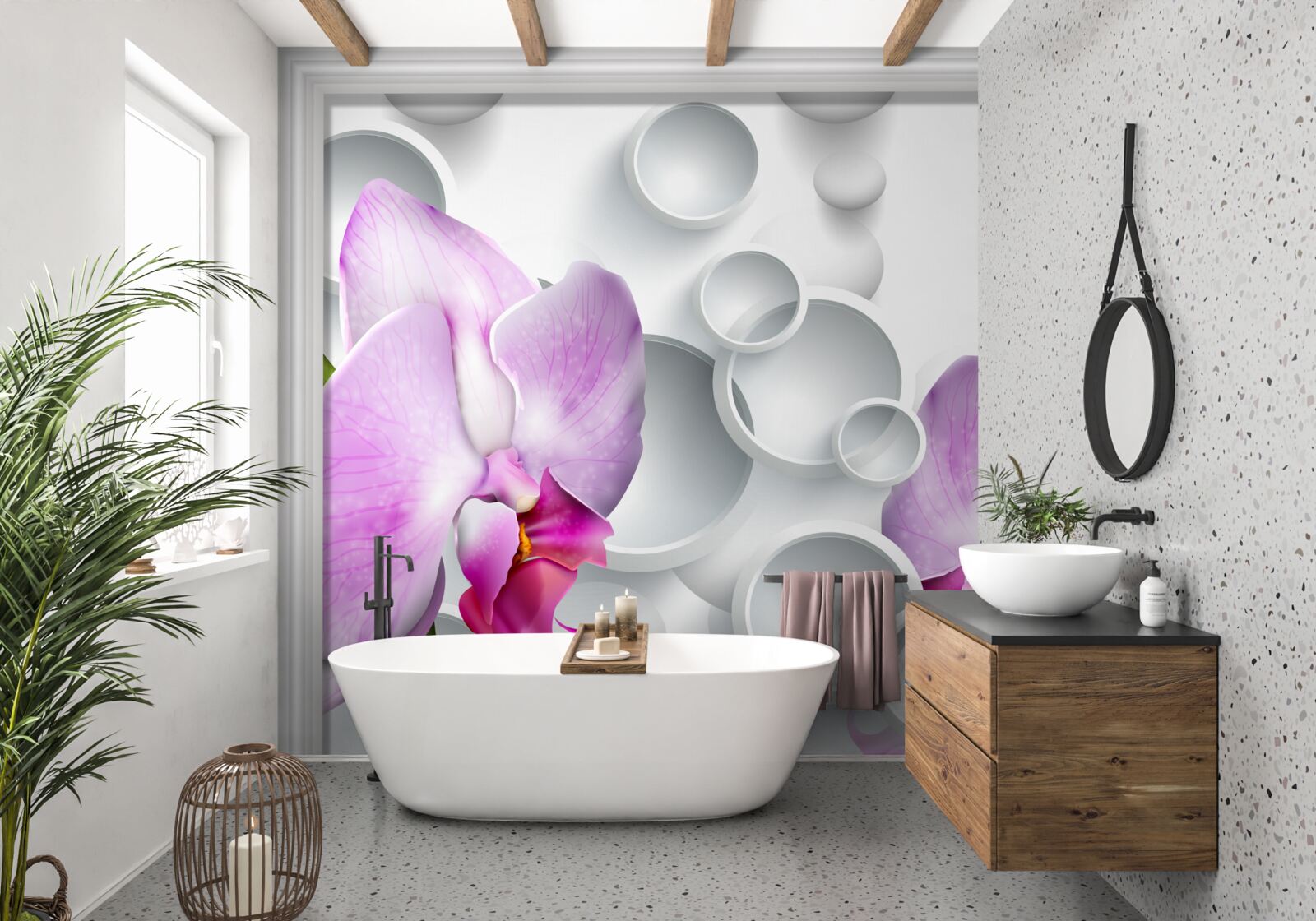 Carta da parati orchidea rosa tenue con anelli