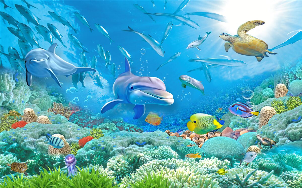 Carta da parati un regno marino con pesci, tartarughe e delfini