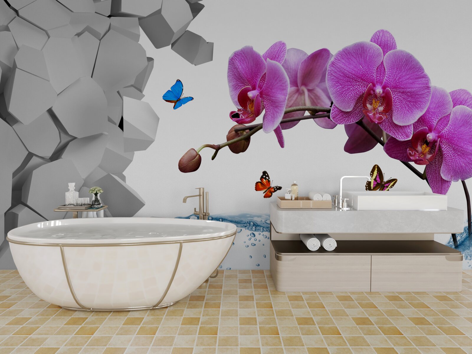 Carta da parati orchidea viola e farfalle su un ramo