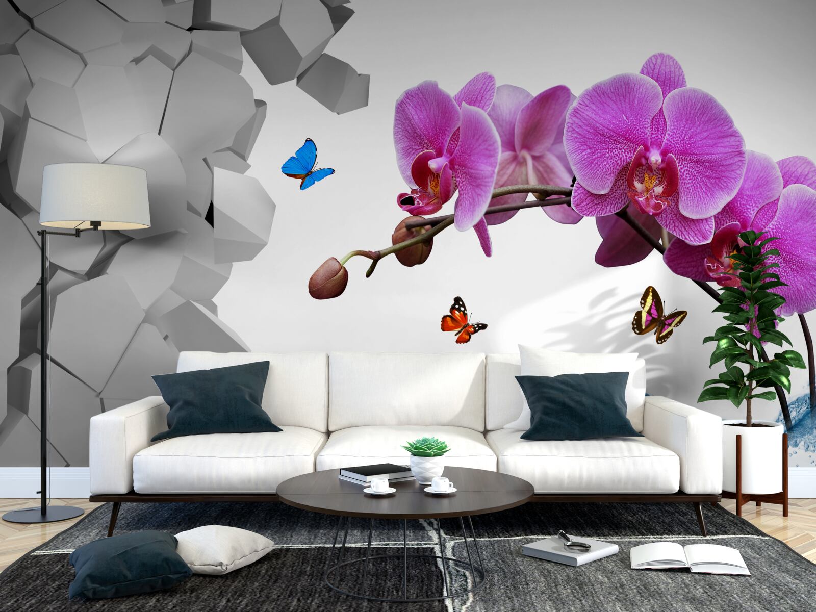 Carta da parati orchidea viola e farfalle su un ramo
