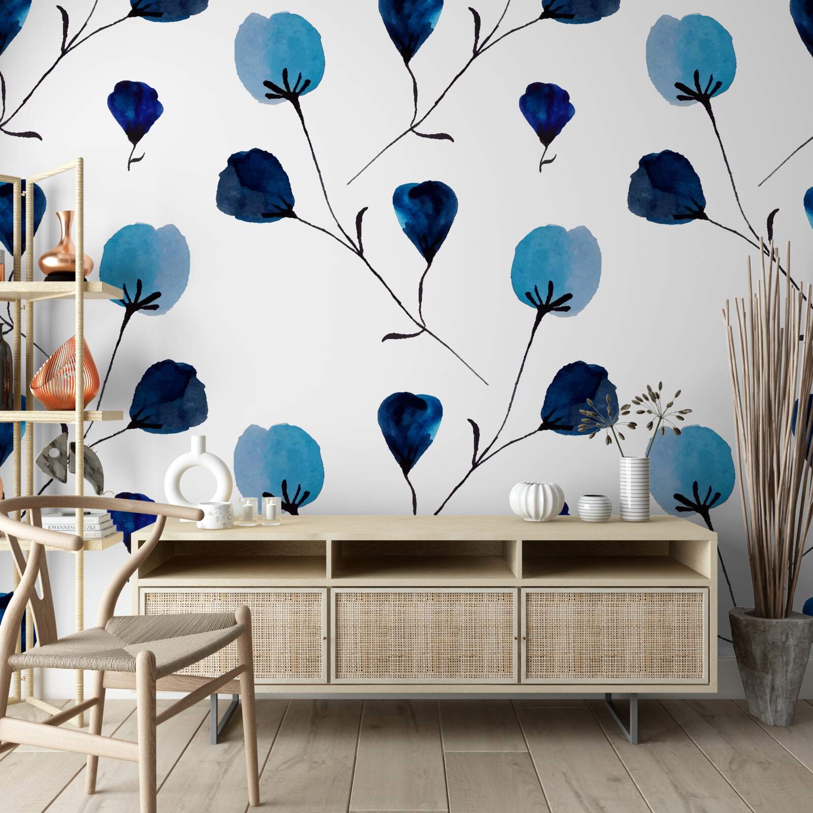 Carta da parati fiori di cotone blu