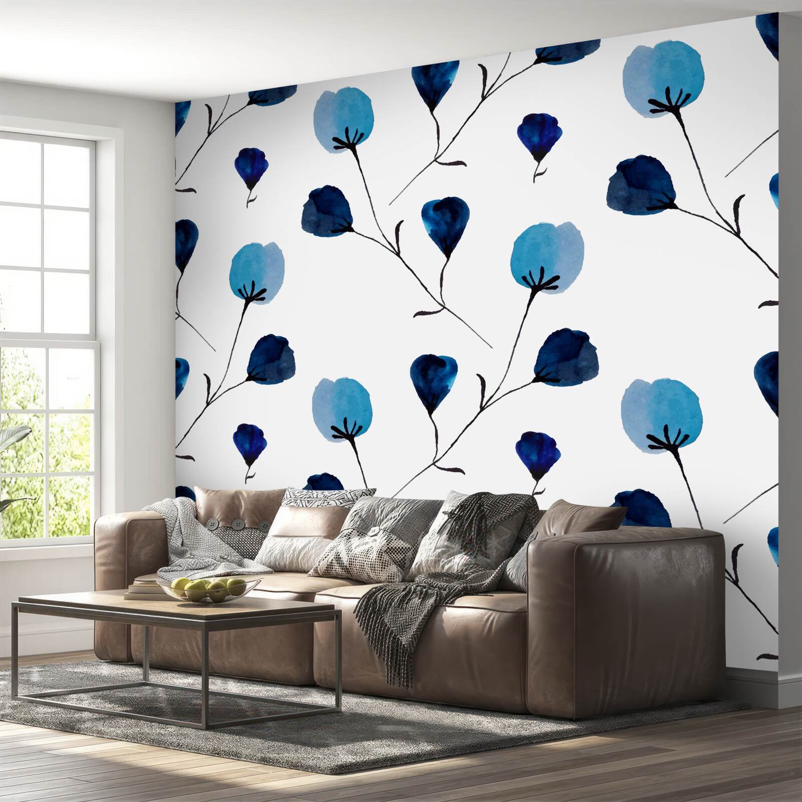 Carta da parati fiori di cotone blu