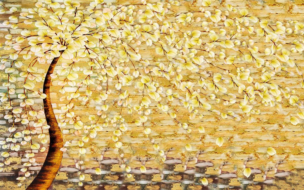 Carta da parati albero punteggiato di fiori bianchi e gialli