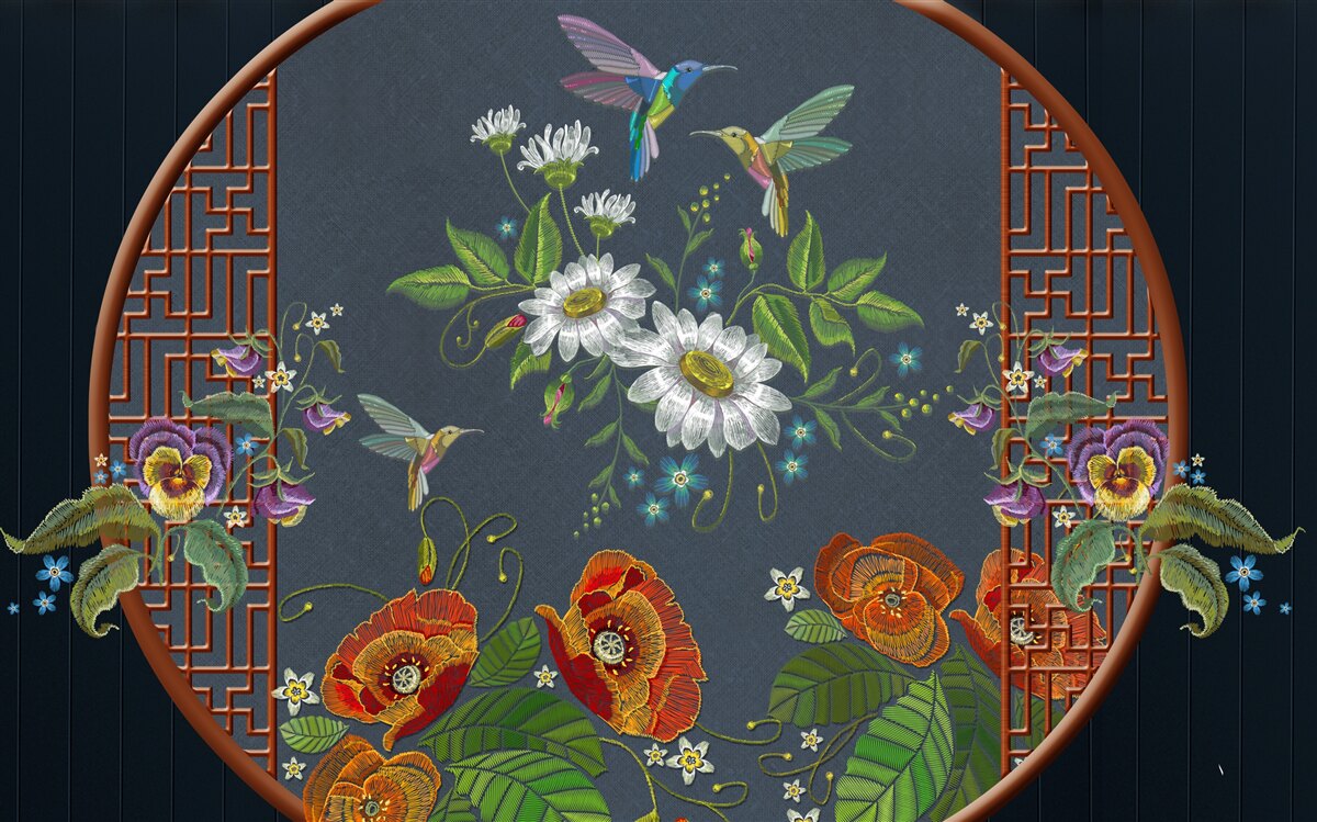 Carta da parati pannello con fiori e colibrì