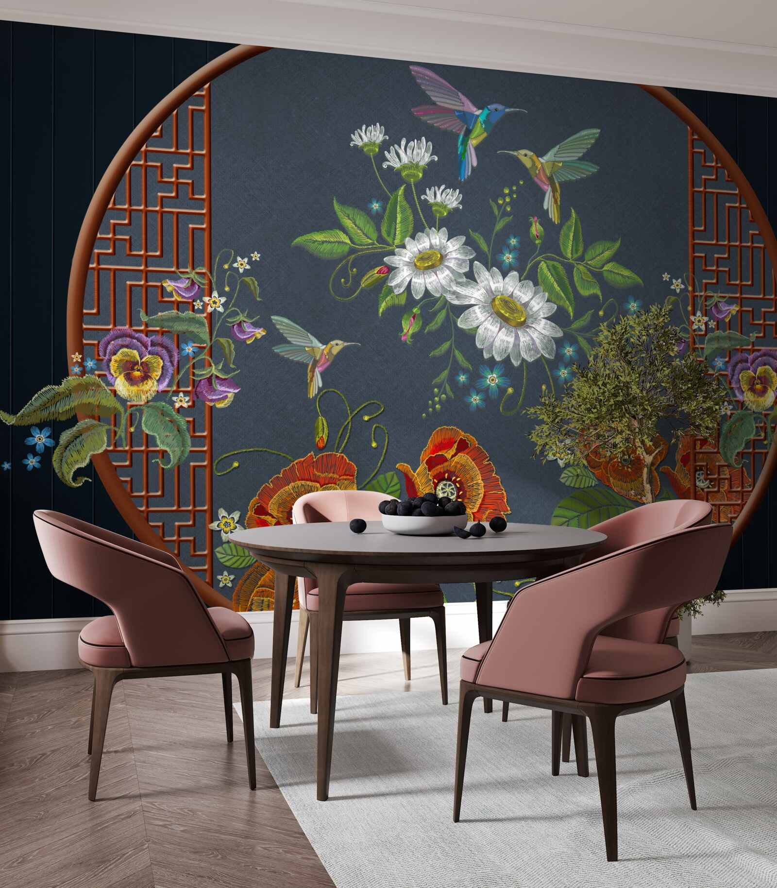 Carta da parati pannello con fiori e colibrì