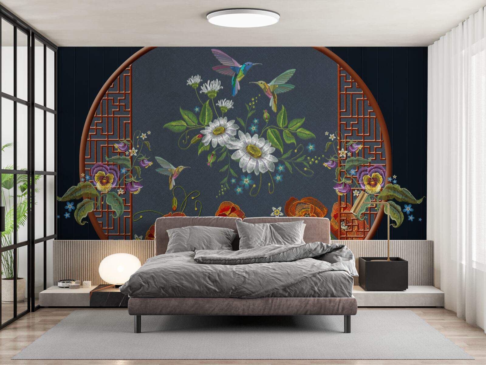 Carta da parati pannello con fiori e colibrì