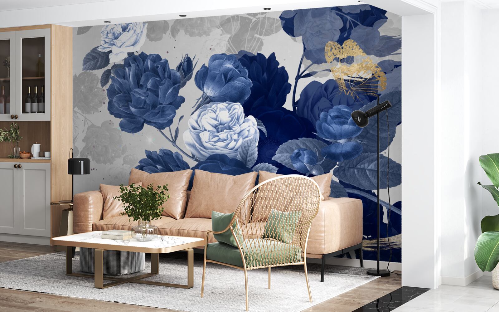 Carta da parati fiori blu in stile vintage