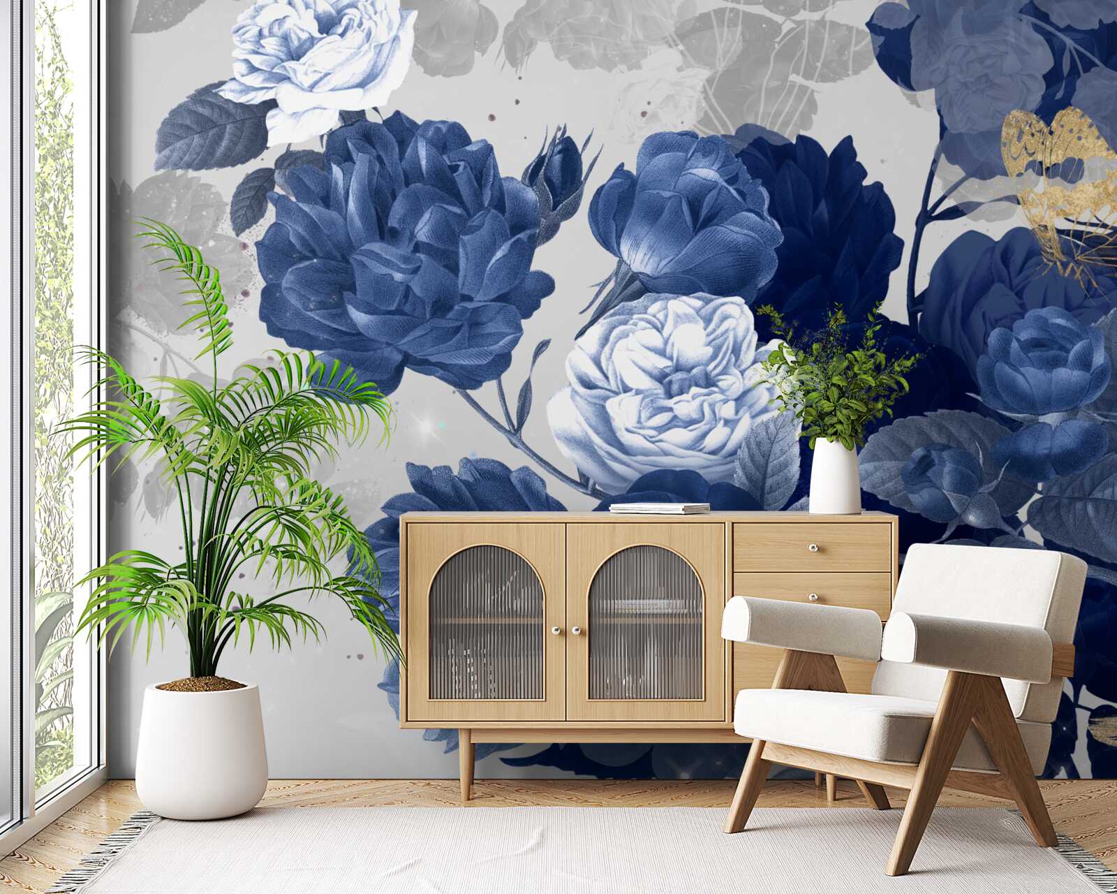 Carta da parati fiori blu in stile vintage