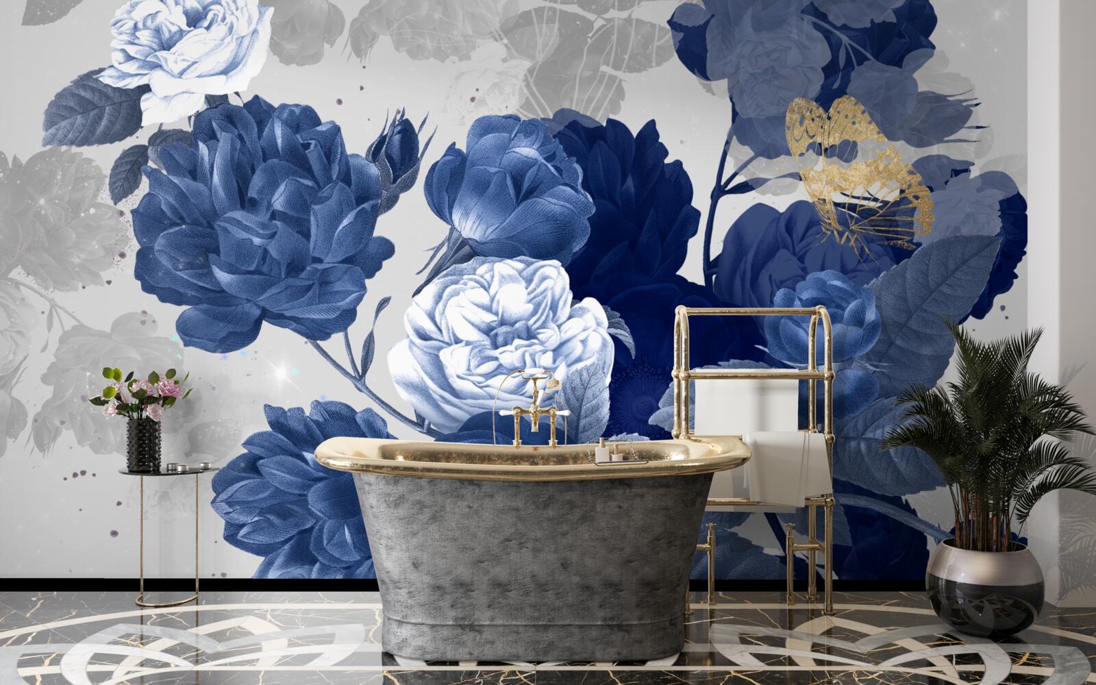 Carta da parati fiori blu in stile vintage
