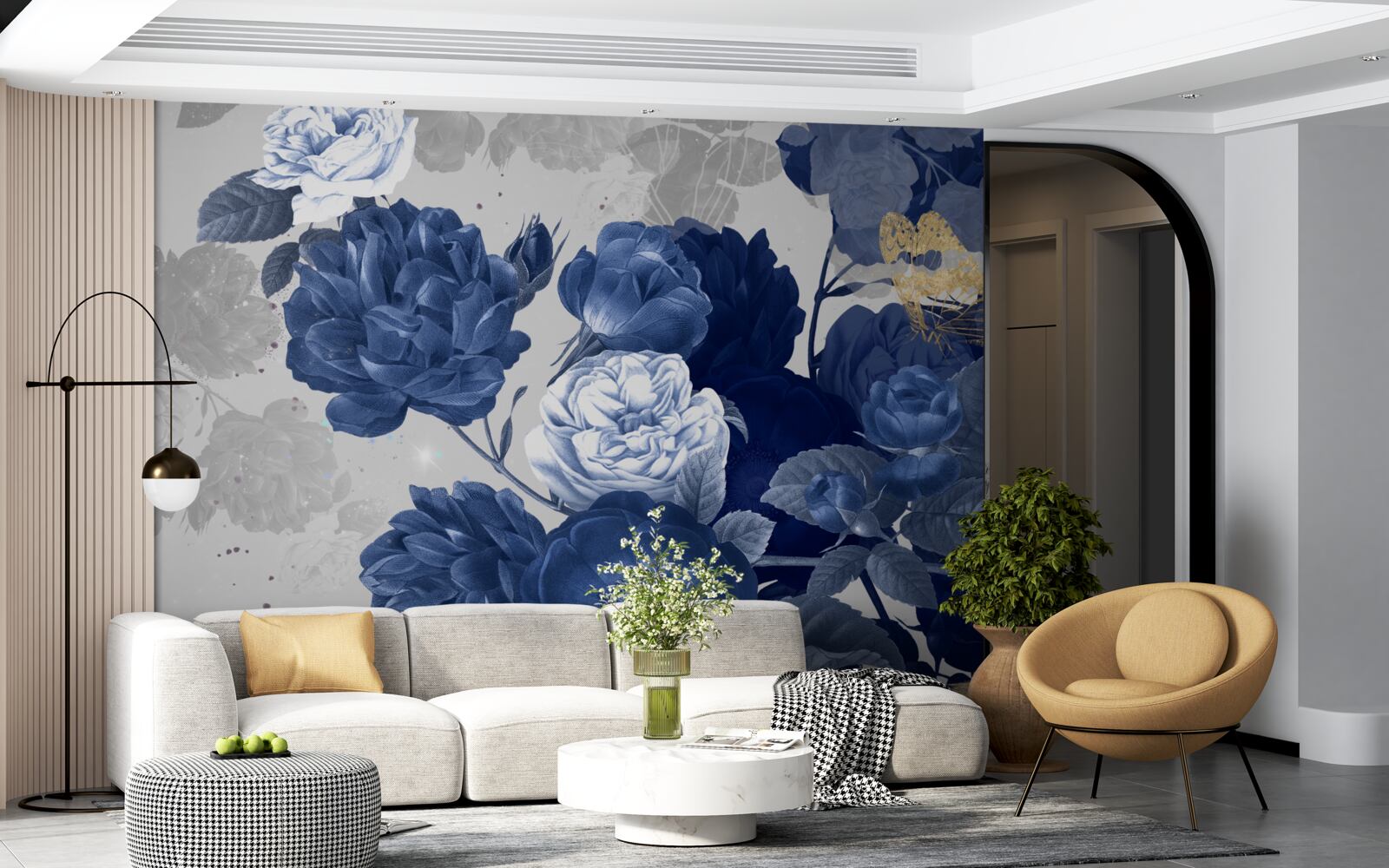 Carta da parati fiori blu in stile vintage