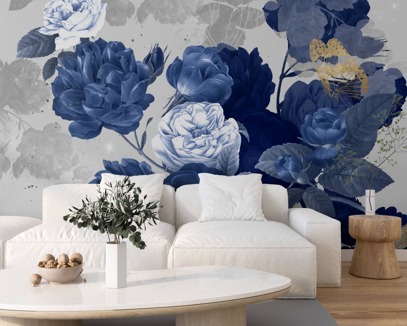 Carta da parati fiori blu in stile vintage