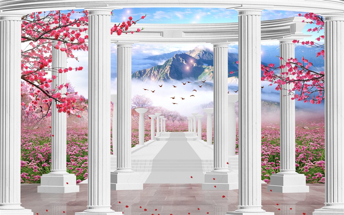 Carta da parati gazebo bianco sullo sfondo del tramonto, decorato con fiori di ciliegio