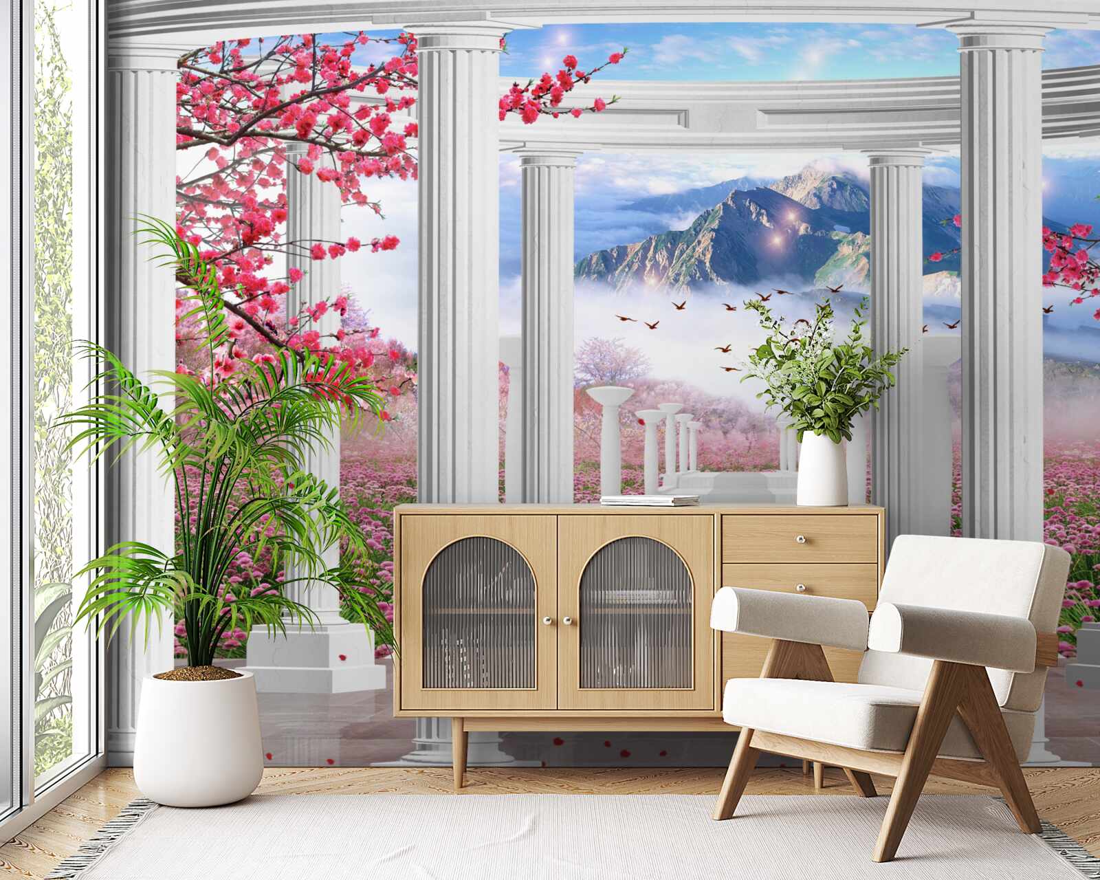 Carta da parati gazebo bianco sullo sfondo del tramonto, decorato con fiori di ciliegio