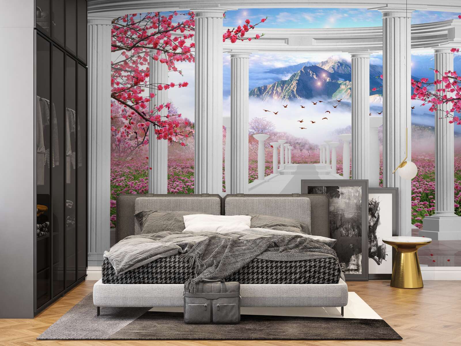 Carta da parati gazebo bianco sullo sfondo del tramonto, decorato con fiori di ciliegio