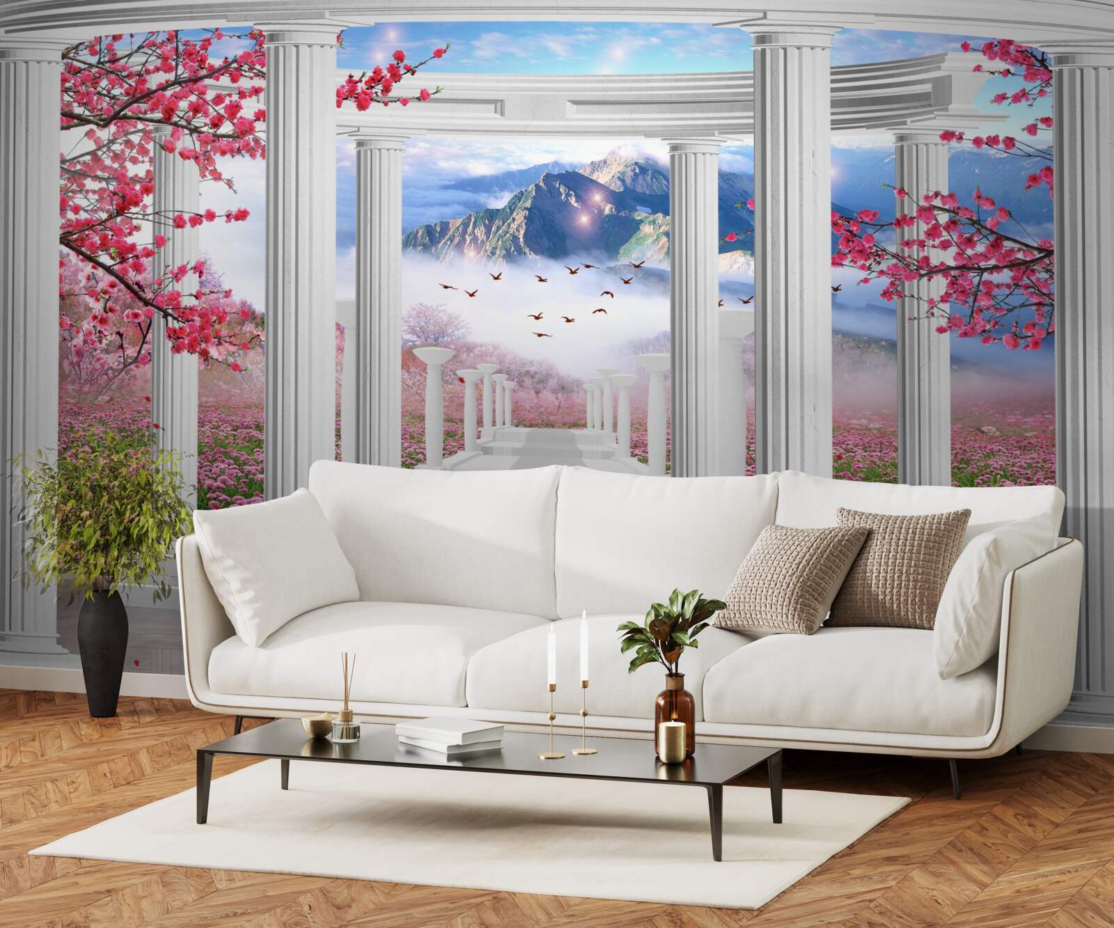 Carta da parati gazebo bianco sullo sfondo del tramonto, decorato con fiori di ciliegio