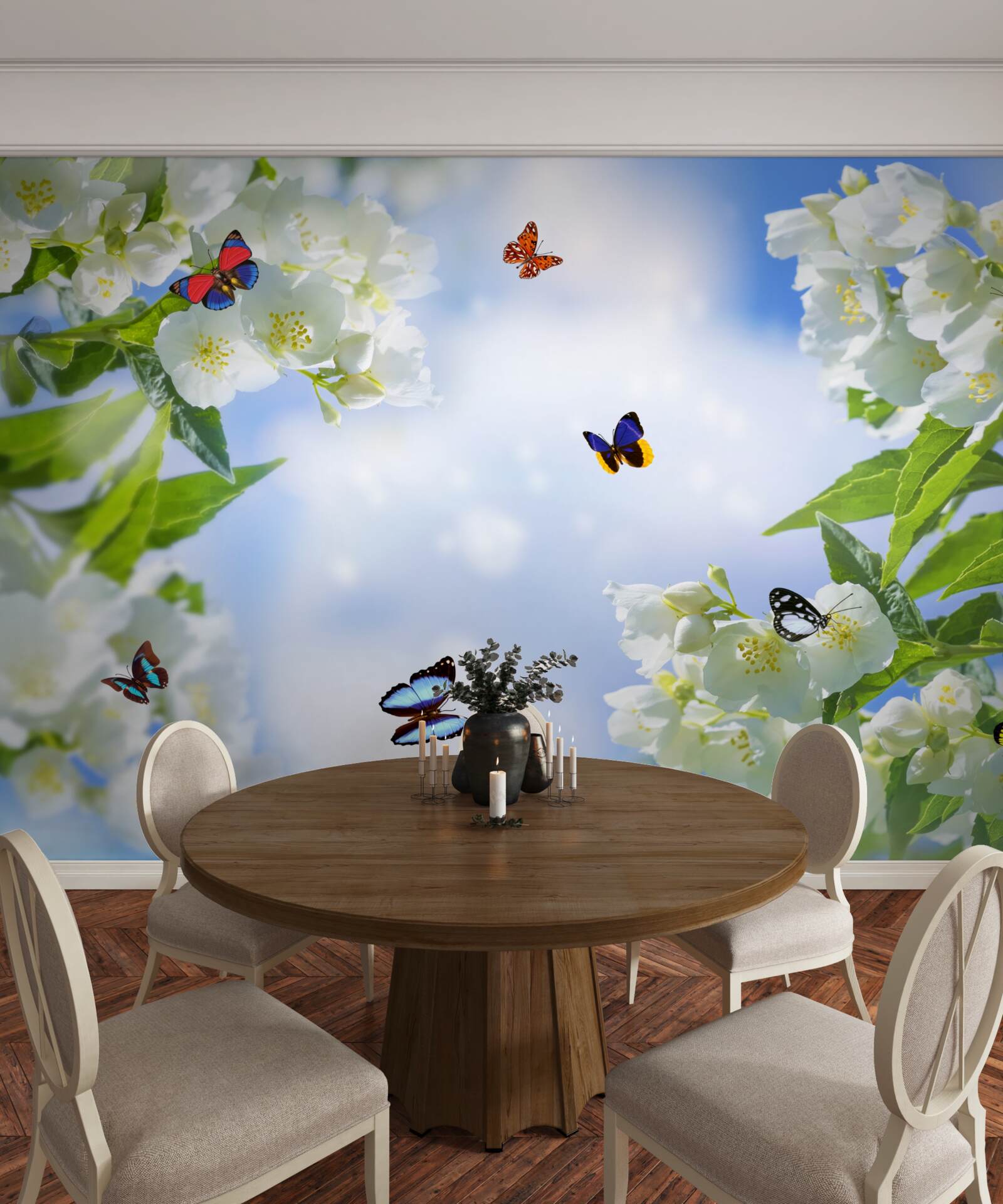 Carta da parati farfalle multicolori e fiori bianchi come la neve