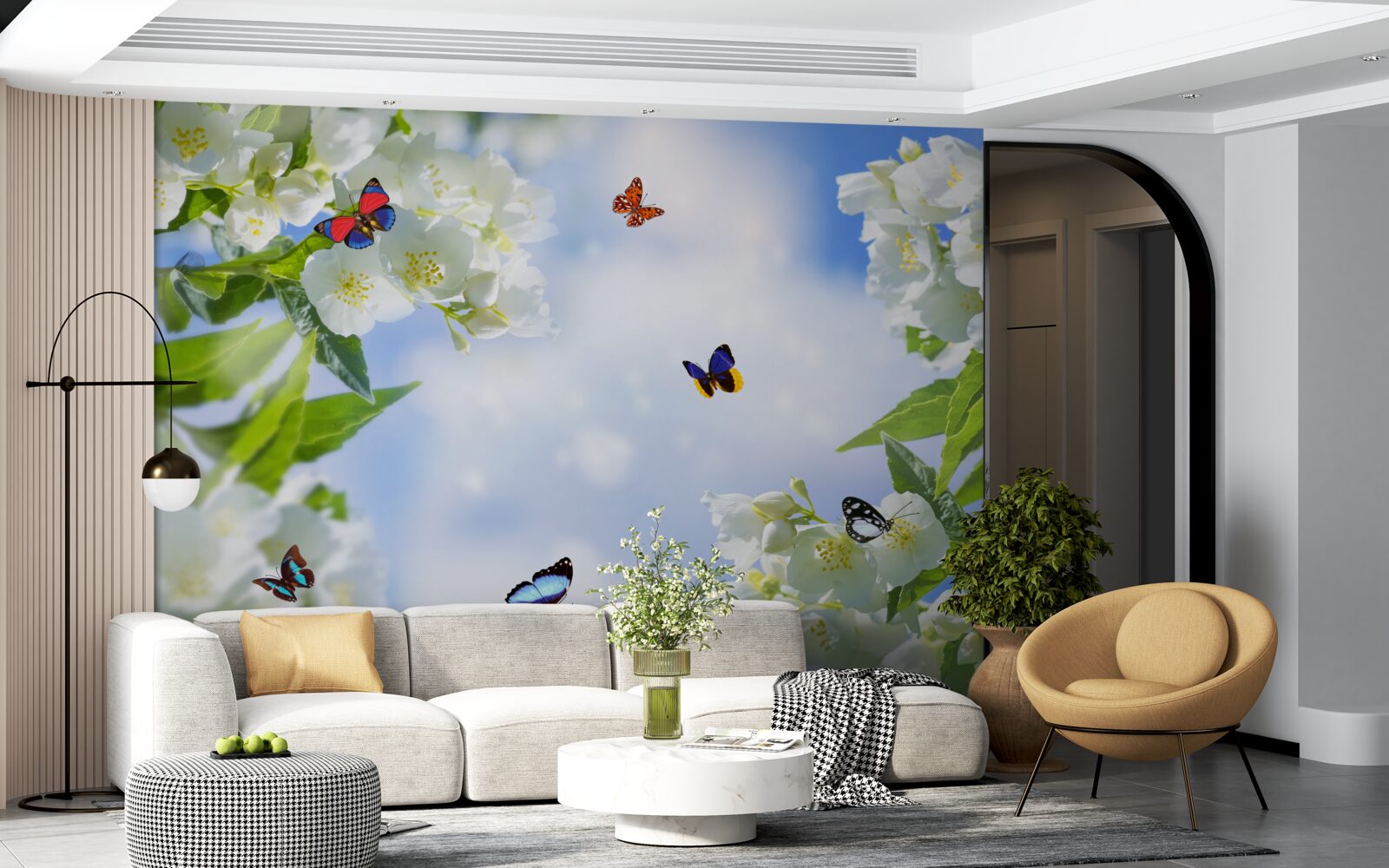 Carta da parati farfalle multicolori e fiori bianchi come la neve