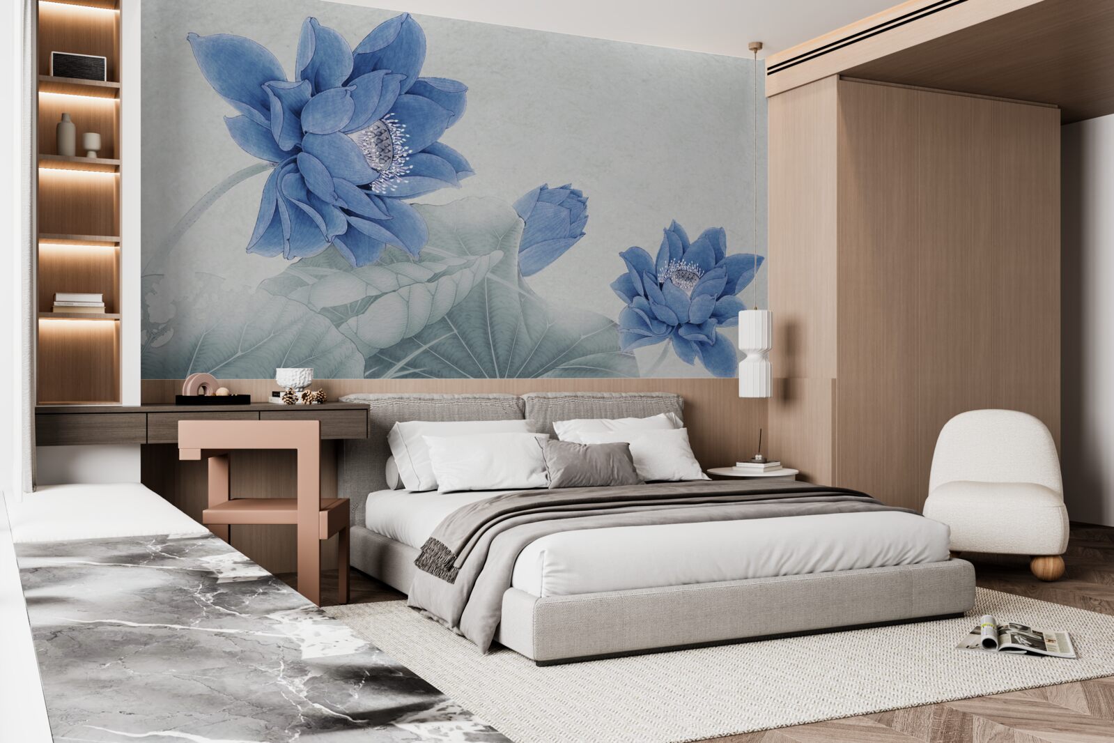 Carta da parati Fioritura di loti blu su sfondo grigio