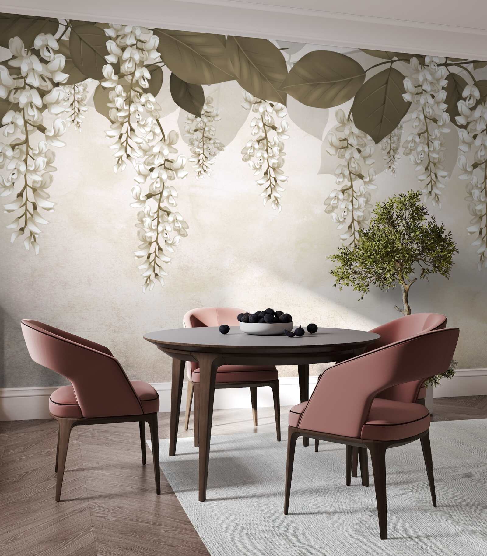 Carta da parati acacia con fiori bianchi
