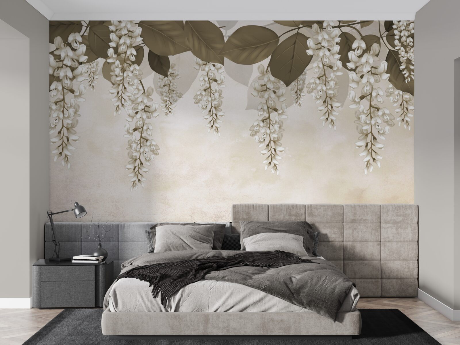 Carta da parati acacia con fiori bianchi