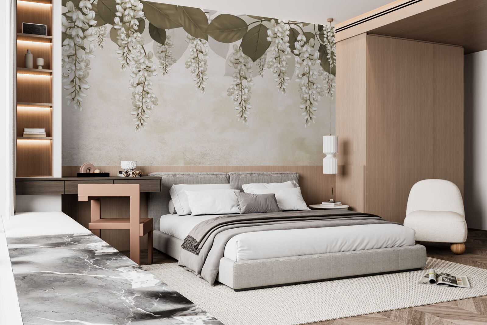 Carta da parati acacia con fiori bianchi