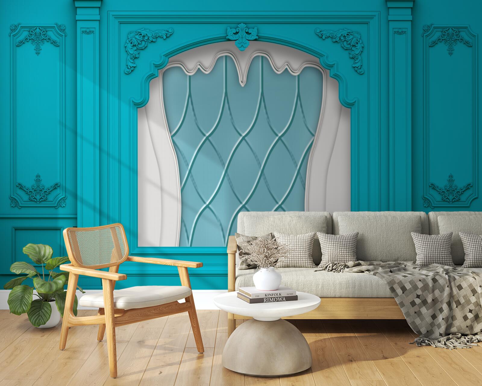 Carta da parati finestra con vetro colorato blu
