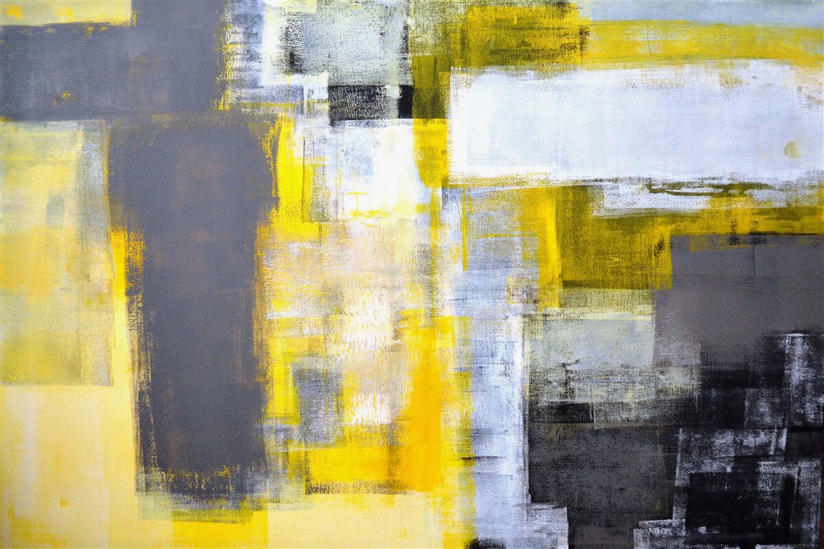 Carta da parati pittura astratta nei toni del giallo e del grigio, realizzata con vernici