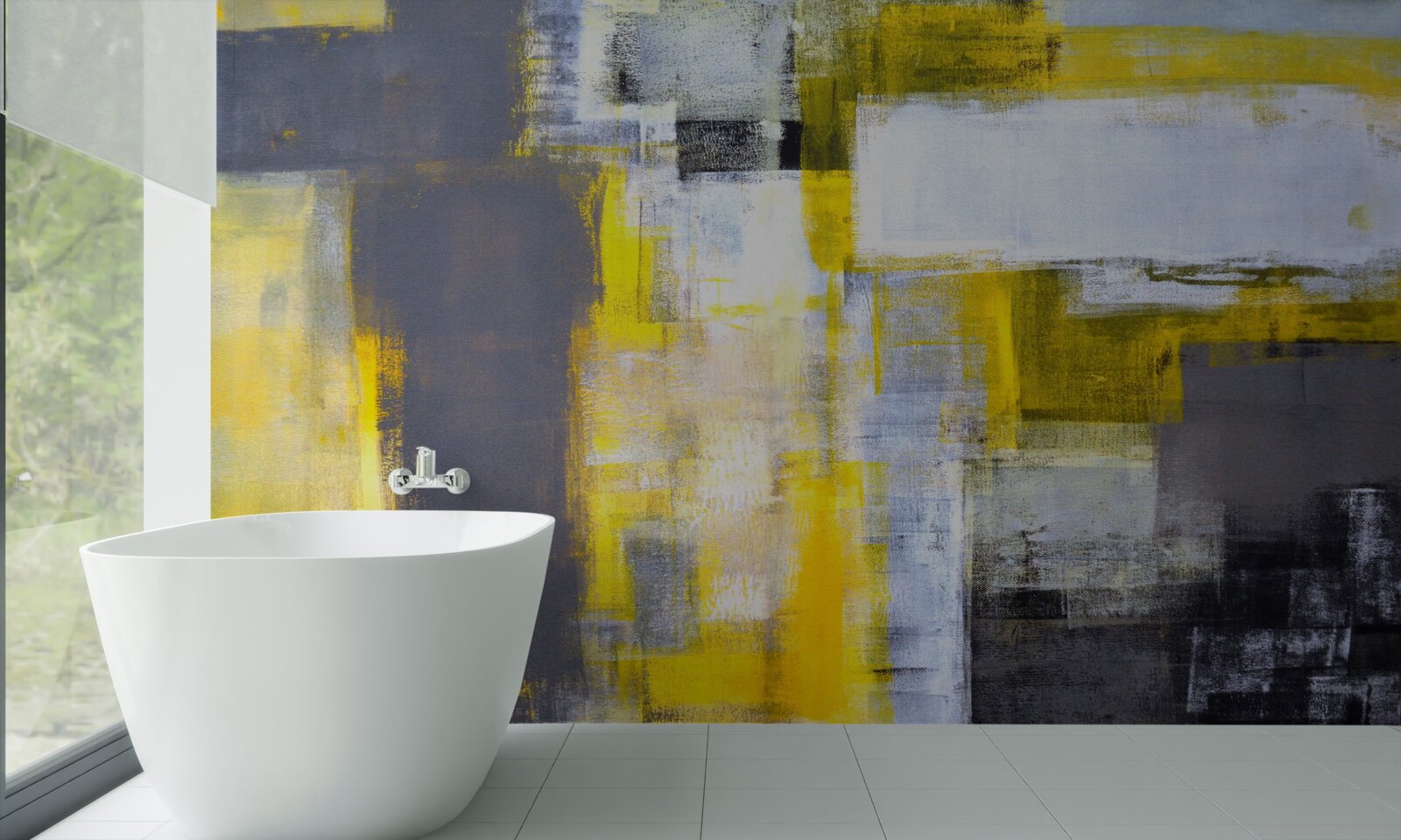 Carta da parati pittura astratta nei toni del giallo e del grigio, realizzata con vernici