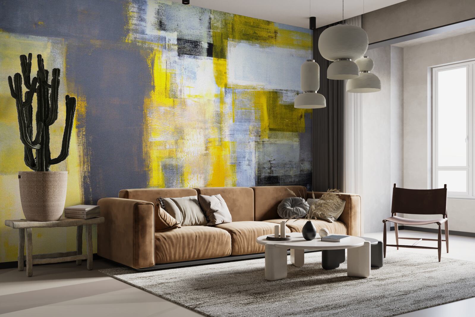Carta da parati pittura astratta nei toni del giallo e del grigio, realizzata con vernici