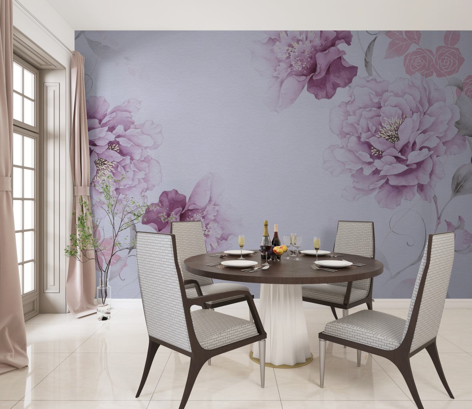 Carta da parati grandi fiori lilla su sfondo grigio