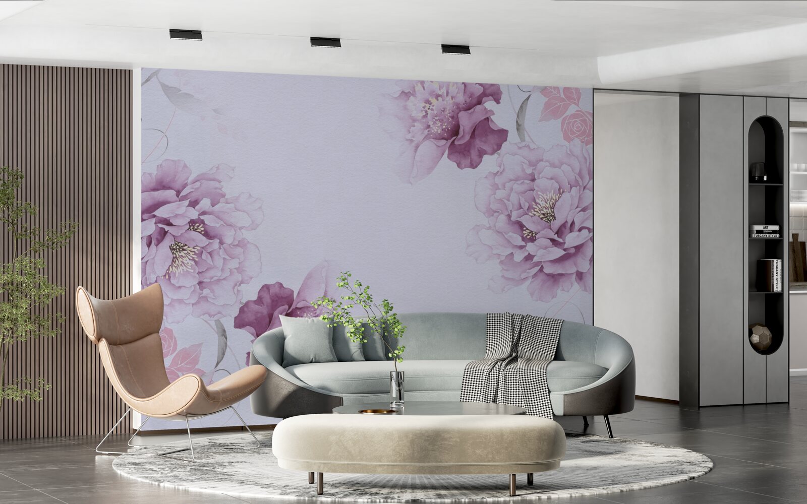 Carta da parati grandi fiori lilla su sfondo grigio