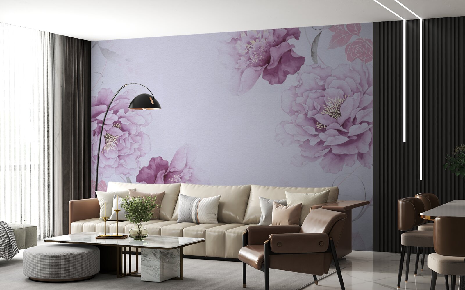 Carta da parati grandi fiori lilla su sfondo grigio